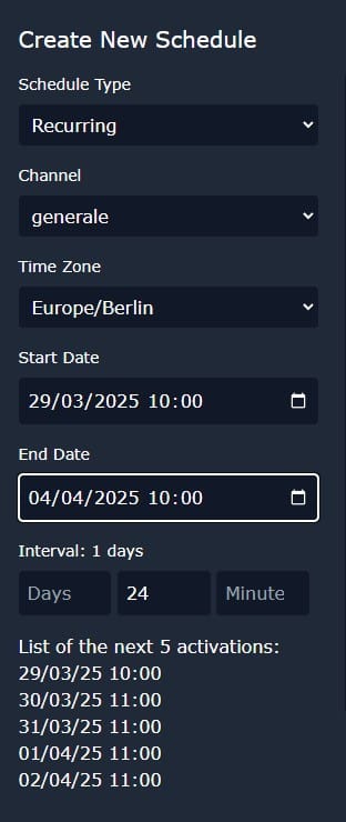 Schedule Discord messages: create new recurring schedule - Europe/berlin timezone