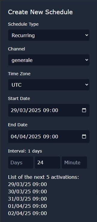 Schedule Discord messages: create new recurring schedule - UTC timezone