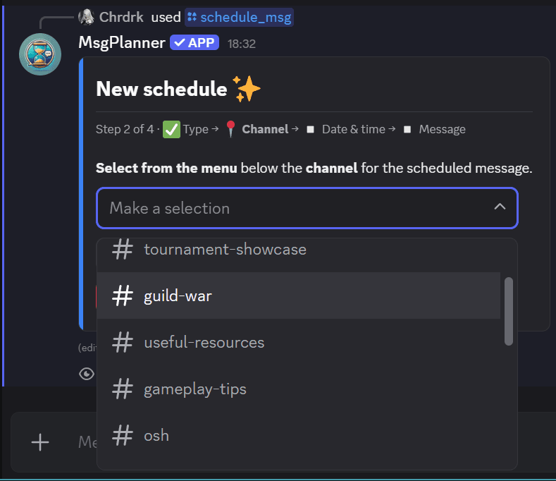 Picking the destination channel for a scheduled message with the /schedule_msg command inside Discord