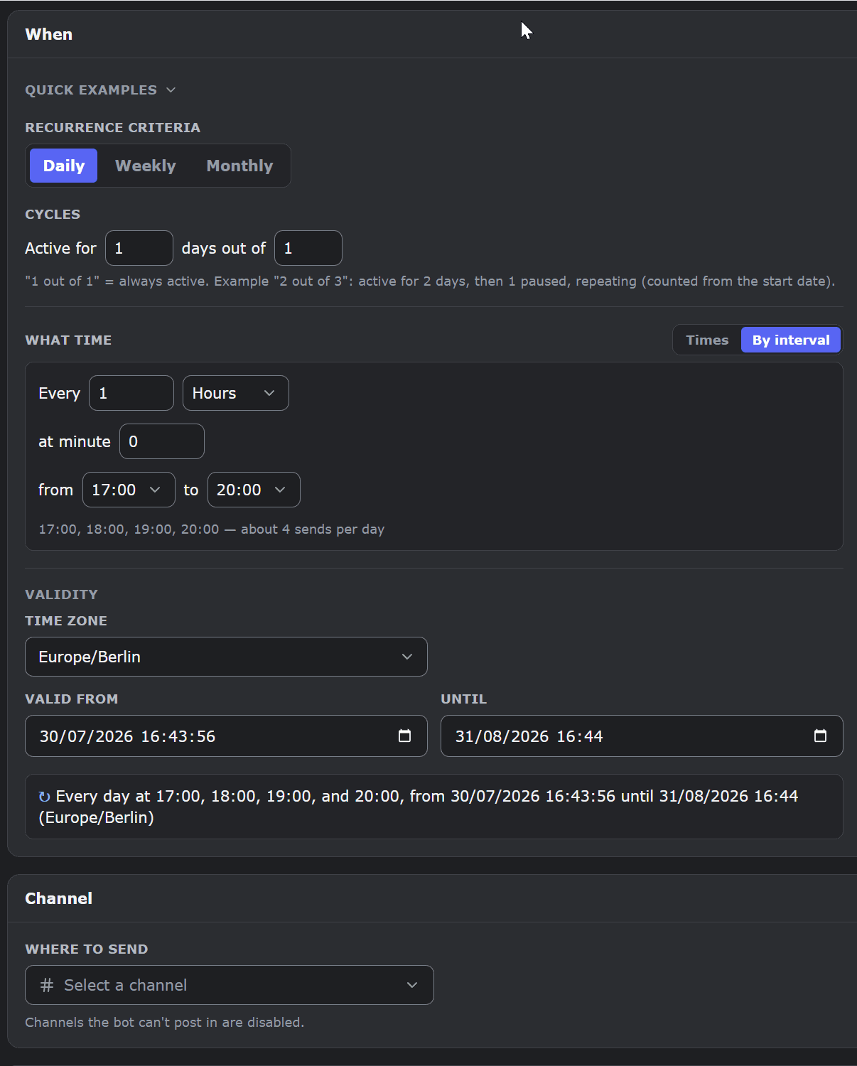 Interval mode sending every hour from 17:00 to 20:00, with the actual times previewed