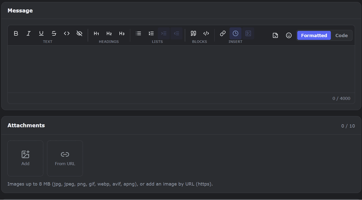 Typing raw Discord markdown in the MsgPlanner code view: headings, bold and underline