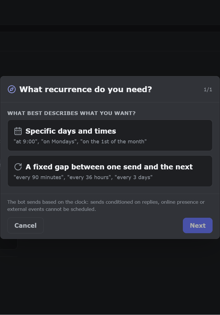 The MsgPlanner recurrence wizard proposing a monthly schedule from a couple of answers