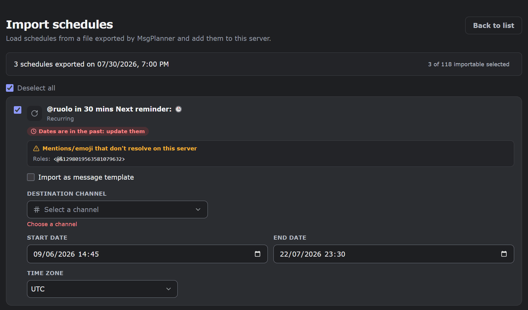MsgPlanner import preview flagging past dates and unresolved role mentions before anything is written