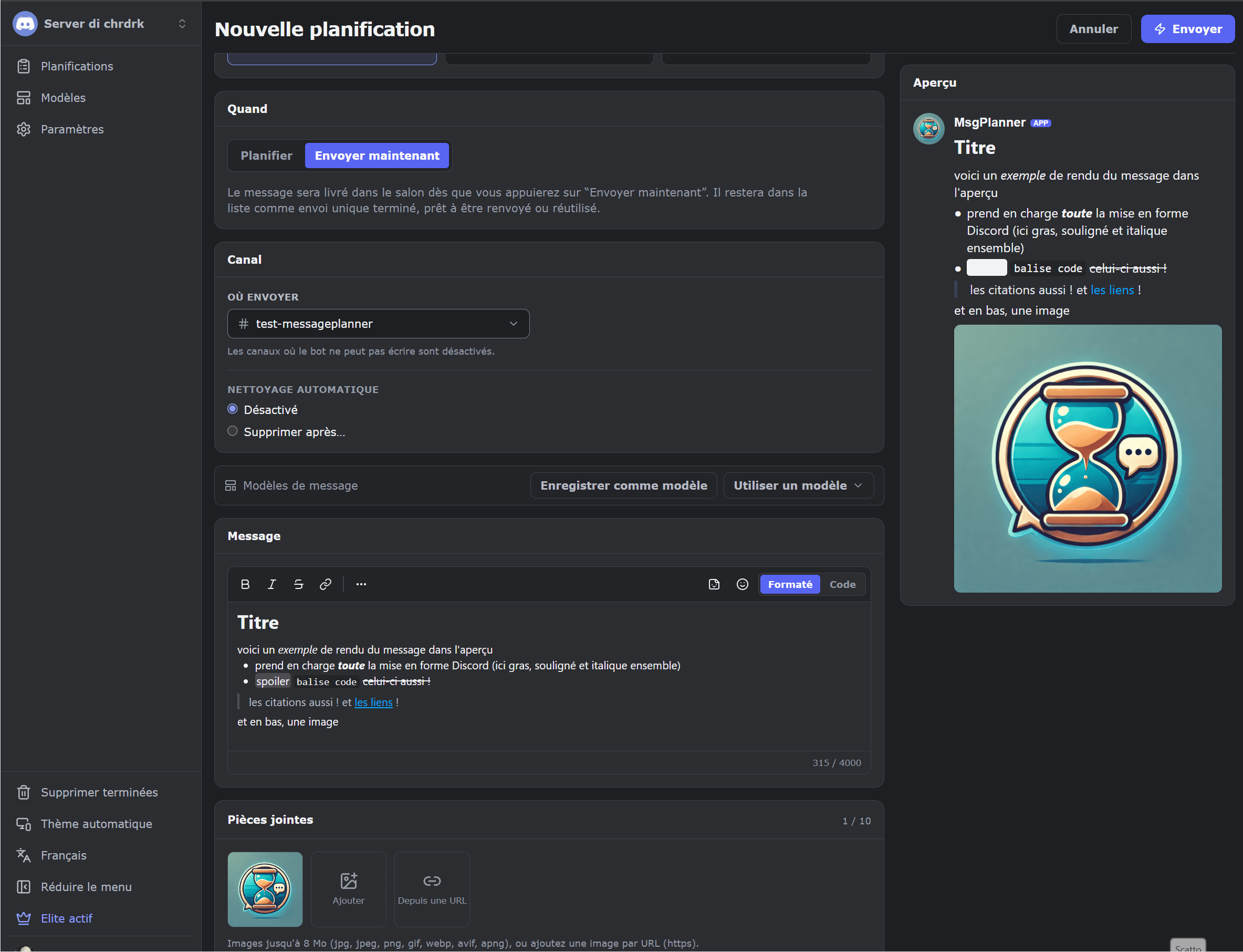 L'éditeur de messages MsgPlanner avec mise en forme riche, une image jointe et l'aperçu Discord en direct côte à côte