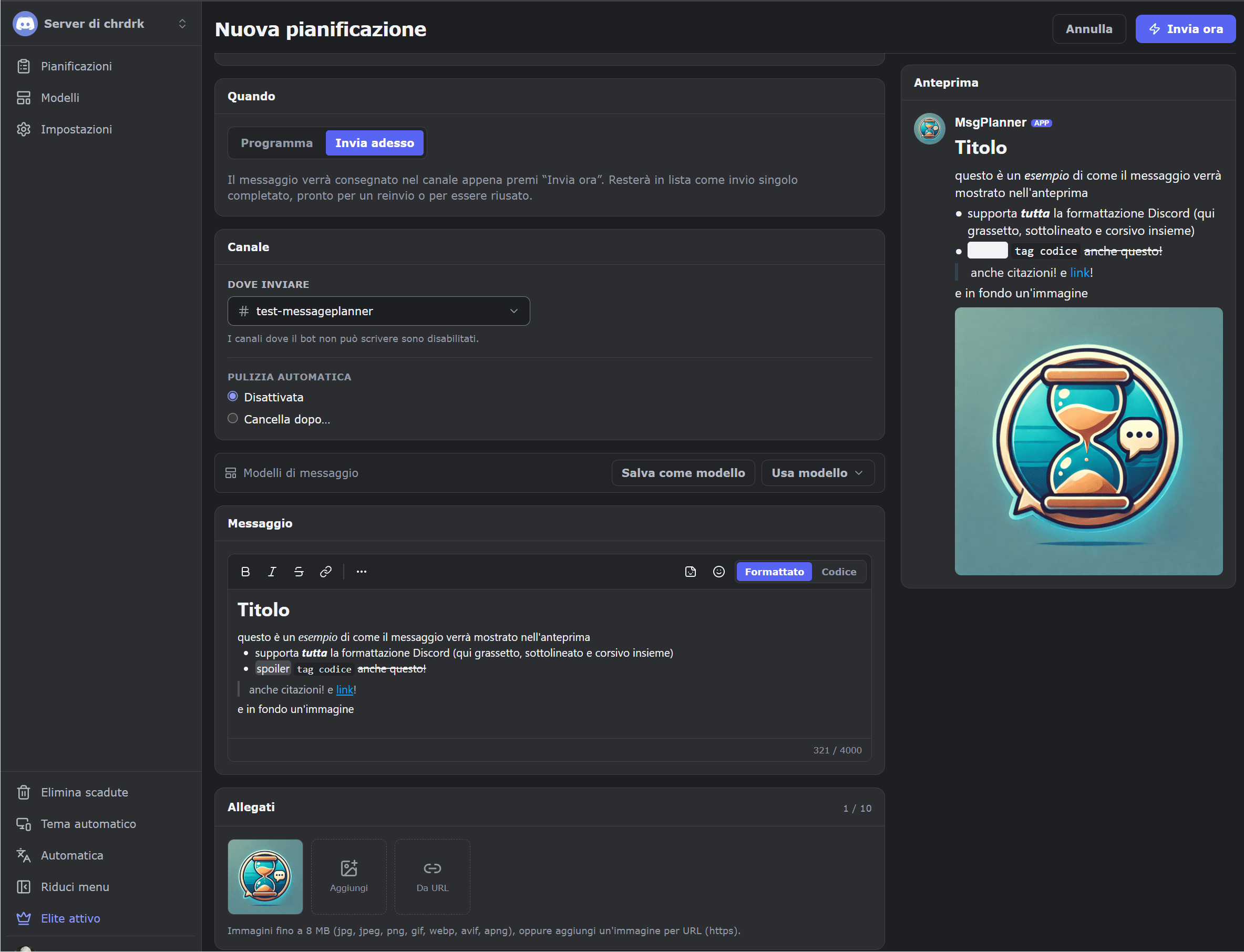 L'editor messaggi di MsgPlanner con formattazione ricca, un'immagine allegata e l'anteprima Discord dal vivo affiancata