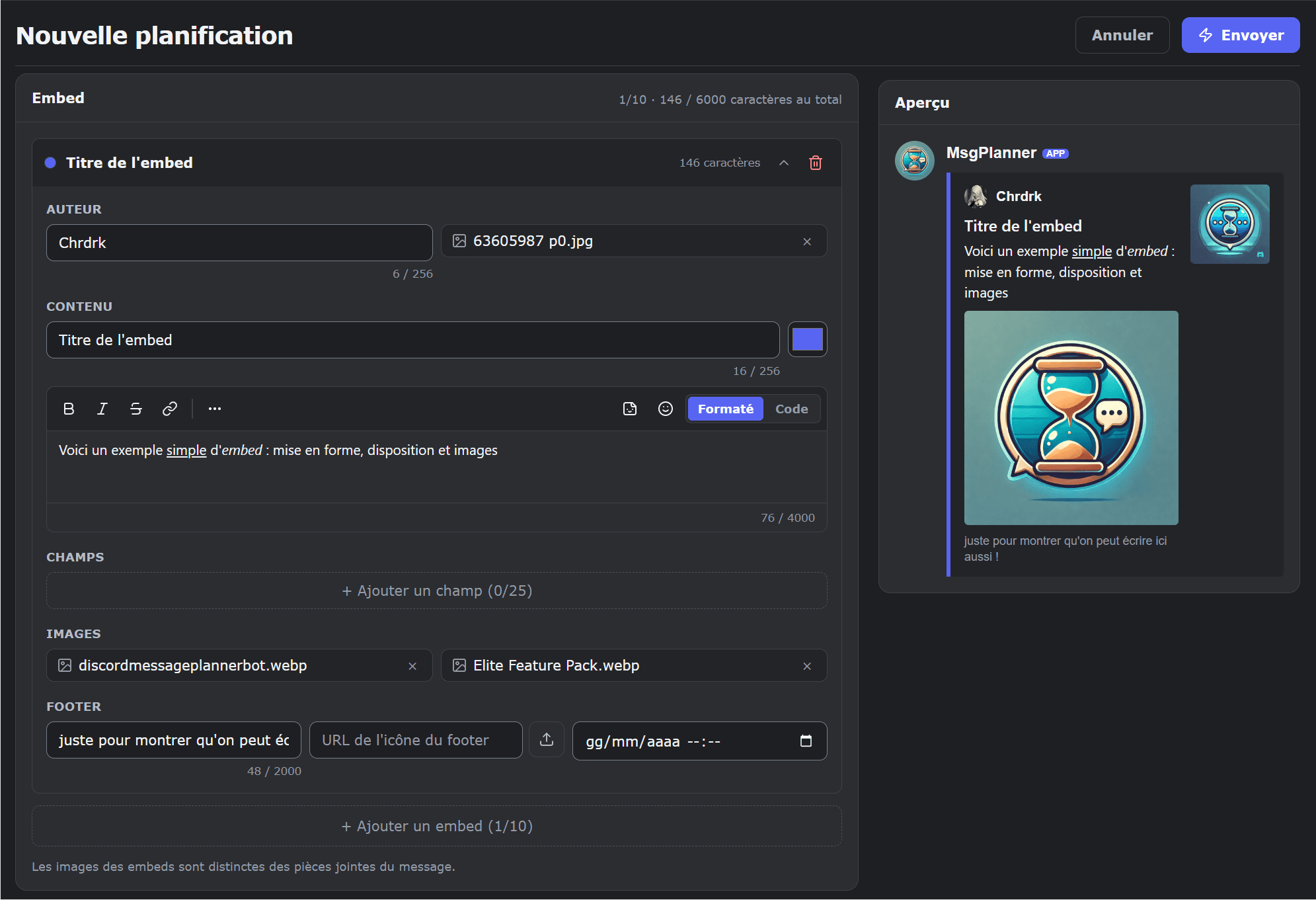 Le créateur d'embeds MsgPlanner avec auteur, contenu, images et footer, à côté d'un aperçu fidèle à Discord