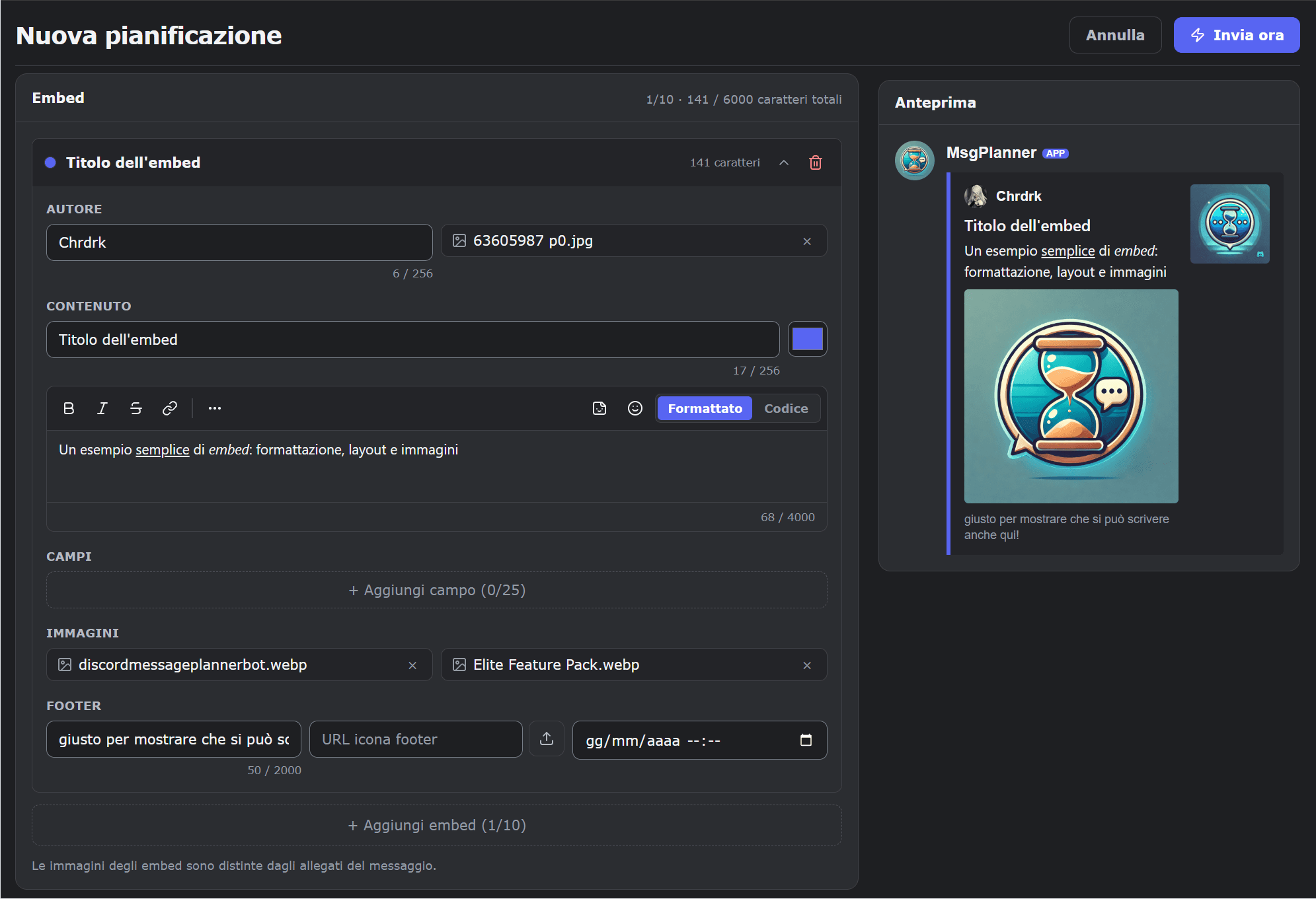 L'embed builder di MsgPlanner con autore, contenuto, immagini e footer, accanto a un'anteprima fedele a Discord