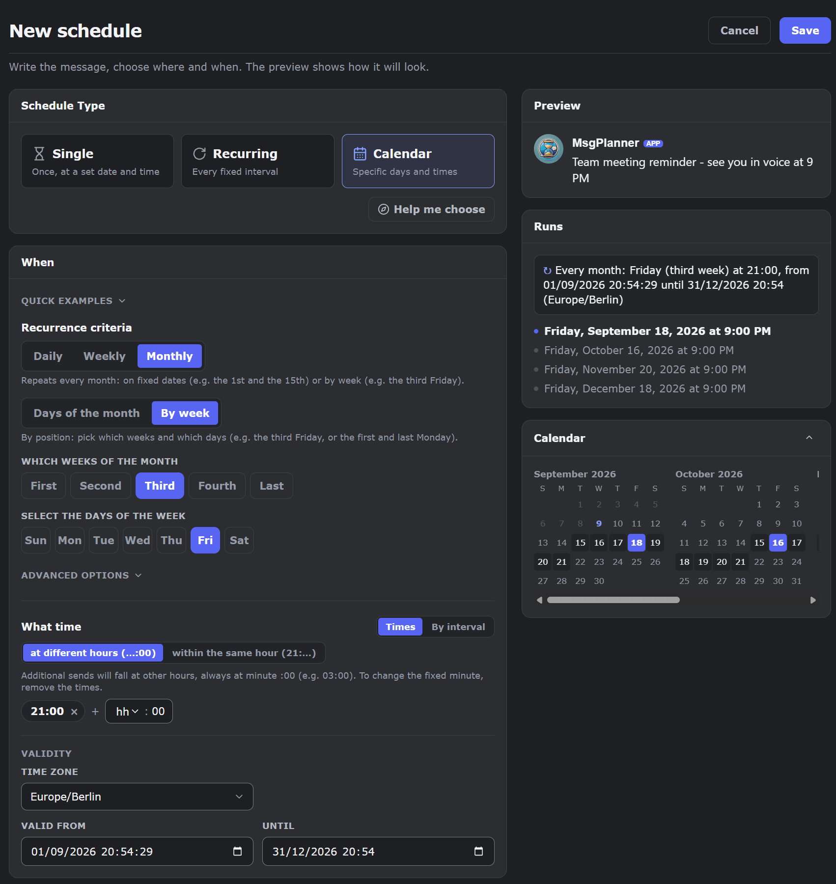 MsgPlanner dashboard: calendar schedule set to the third Friday of every month, with the upcoming runs list and the mini-calendar preview highlighting each delivery date