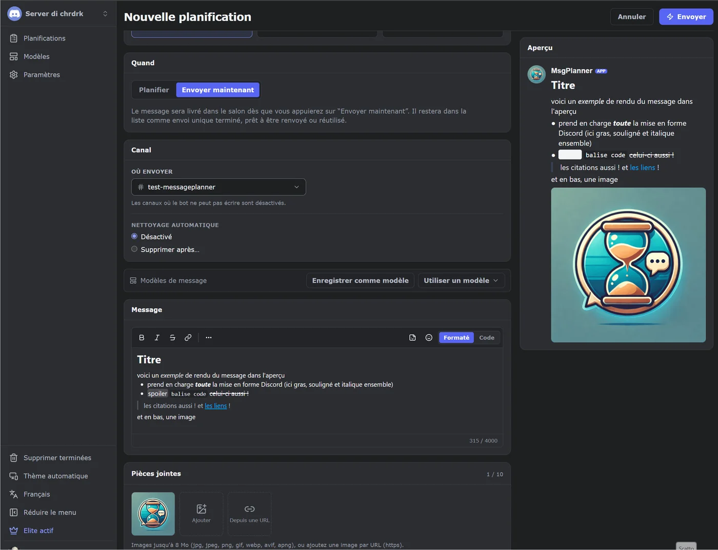 Éditeur de messages MsgPlanner avec mise en forme enrichie, une image en pièce jointe et l'aperçu en direct au rendu Discord
